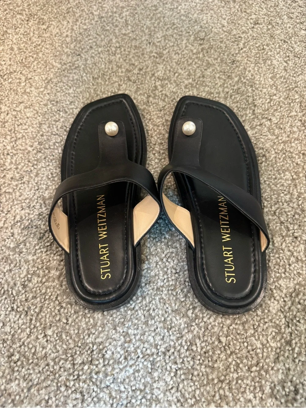 NEW Stuart Weitzman Black Leather Pearl-Accent Thong Sandals